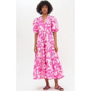 Oliphant V-Neck Puff Sleeve Maxi Midi Dress Cotton Poplin Pink Twiggy Print XS
